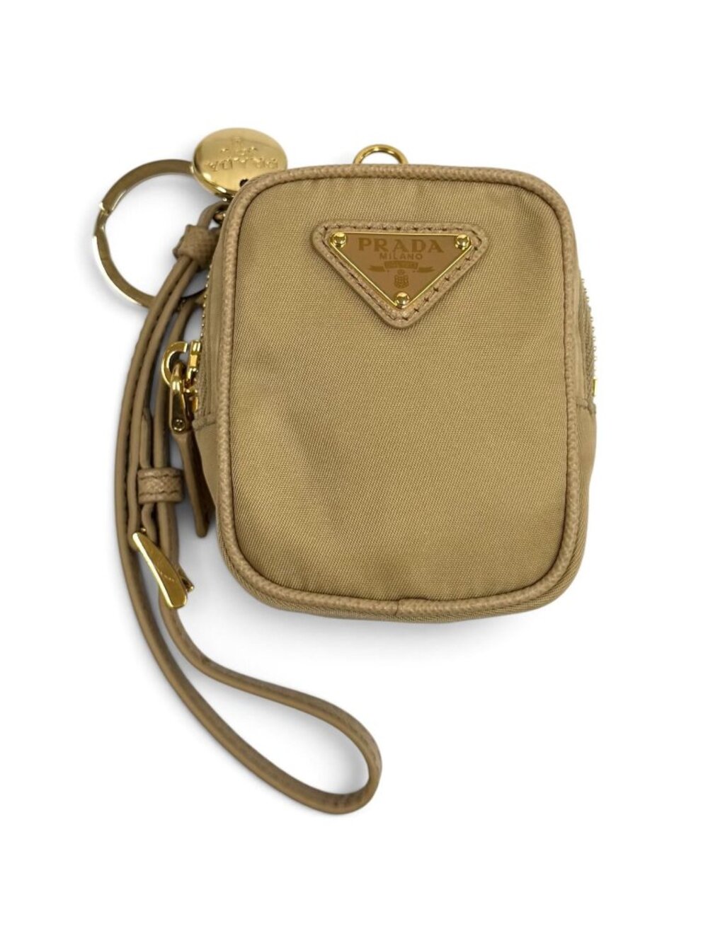 Prada Triangle Logo Mini Pouch Beige with Wristlet
